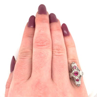 18k White Gold Art Deco Long Filigree Genuine Natural Ruby Ring (#J5651)