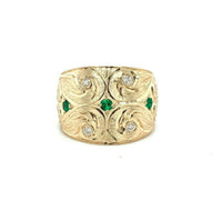 14k Yellow Gold Wide Heavy Emerald and Diamond Band Ring (#J5440)