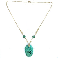 14k Yellow Gold Art Deco Carved Genuine Natural Turquoise Necklace (#J5372)