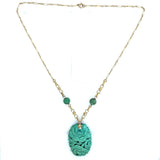14k Yellow Gold Art Deco Carved Genuine Natural Turquoise Necklace (#J5372)
