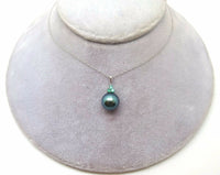 14k Gold 8.8MM Tahitian Black Pearl Pendant with Emeralds (#J3646)