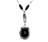Art Deco 14k White Gold Necklace Genuine Natural Black Onyx and Diamond (#J5361)