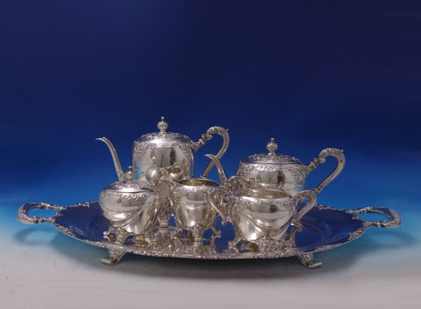 Normandie by Wallace Sterling Silver Tea Set 5pc with Sterling SP Tray (#7228)