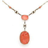 Art Deco Yellow Gold 14k Carved Genuine Natural Coral Necklace (#J5457)