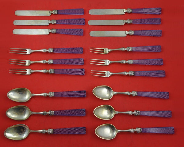 Austrian Sterling Silver Dessert Set 18pc Clear Glass Cobalt Blue Handles Woven