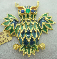 18K Gold Plique-A-Jour Owl Brooch w/Genuine Natural Sapphires & Emerald (#J1724)