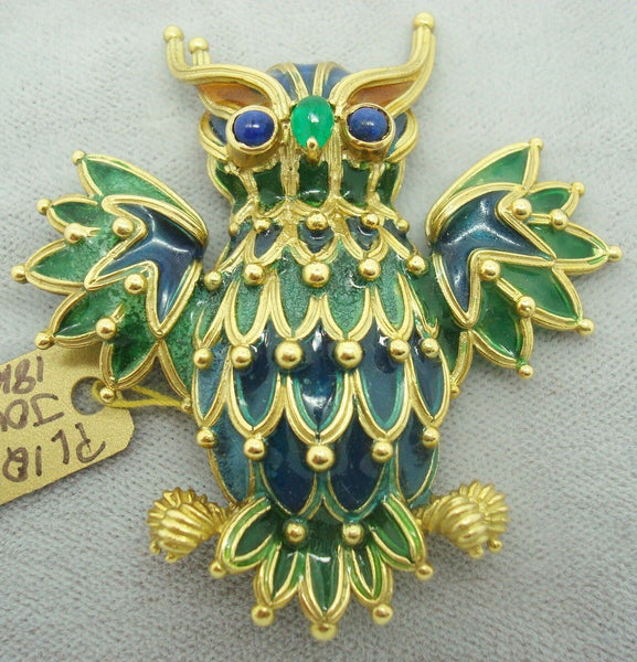 18K Gold Plique-A-Jour Owl Brooch w/Genuine Natural Sapphires & Emerald (#J1724)