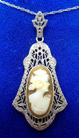 Art Deco 10k White Gold Filigree Genuine Natural Shell Cameo Pendant (#J3547)