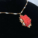 14k Yellow Gold Carved Coral and Pearl Pendant Flowers (#J5459)