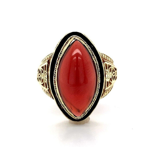 14k Yellow Gold Filigree Genuine Natural Garnet Cabochon Ring Jewelry (#J5759)