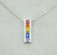 14k White Gold Princess Cut Rainbow Sapphire and Diamond Pendant (#J4447)