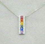 14k White Gold Princess Cut Rainbow Sapphire and Diamond Pendant (#J4447)