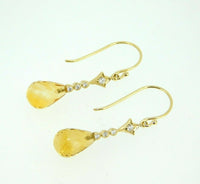 14k Gold Briolette Genuine Natural Citrine and Diamond Drop Earrings (#J4475)
