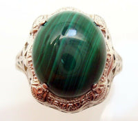 14K Gold Oval Genuine Natural Malachite Filigree Ring (#J2900)