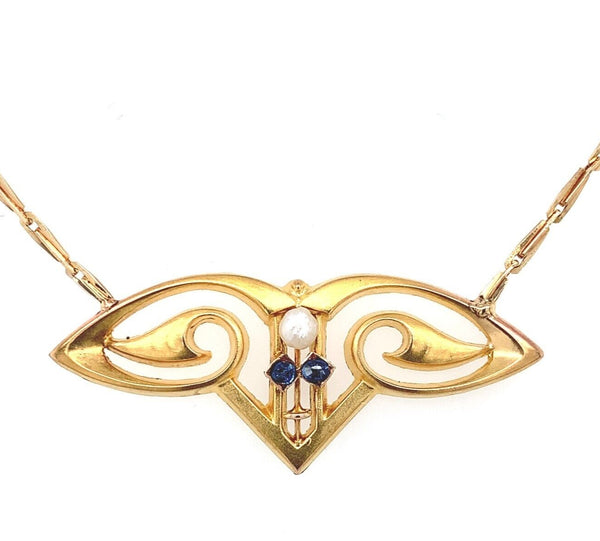 14k and 8k German Jugendstil Necklace Sapphires and Pearl Jewelry (#J6162)