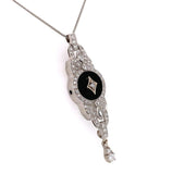 Genuine Natural Black Onyx and Diamond Platinum Pendant Necklace (#J5641)
