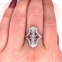 14k White Gold Art Deco Diamond and Ruby Filigree Ring (#J5605)