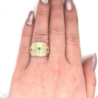 14k Yellow Gold Wide Heavy Emerald and Diamond Band Ring (#J5440)
