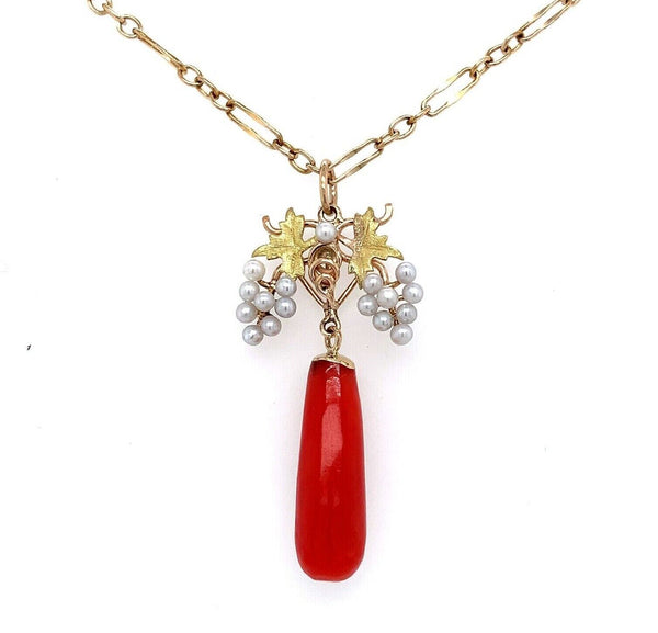 14k Yellow Gold Coral and Pearl Grape Victorian Pendant (#J5598)