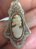 Art Deco 10k White Gold Filigree Genuine Natural Shell Cameo Pendant (#J3547)