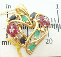 10K Gold Heart Pendant w/Genuine Sapphires, Emeralds, Rubies & Diamonds (#C2426)