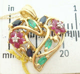 10K Gold Heart Pendant w/Genuine Sapphires, Emeralds, Rubies & Diamonds (#C2426)