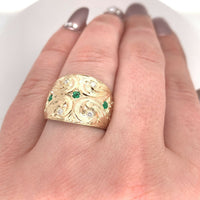 14k Yellow Gold Wide Heavy Emerald and Diamond Band Ring (#J5440)