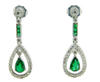 18k Gold Deco Style Genuine Natural Emerald and Diamond Drop Earrings (#J4716)