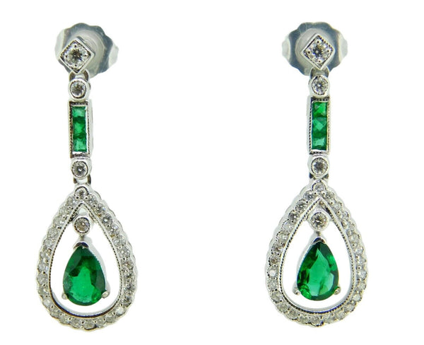 18k Gold Deco Style Genuine Natural Emerald and Diamond Drop Earrings (#J4716)