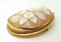 14k Gold Oval Genuine Natural Shell Cameo Pin / Pendant with Rose Bouquet #J3620