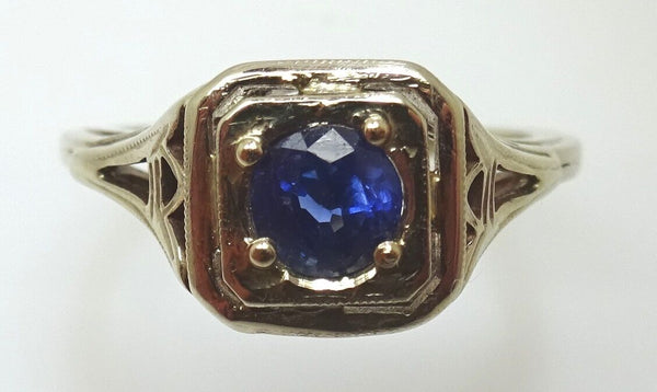 Charming 14k Gold Deco Filigree Genuine Natural Sapphire Ring (#J401)