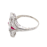 14k White Gold Art Deco Diamond and Ruby Filigree Ring (#J5605)