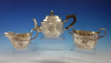 German .800 Silver Tea Set 3pc Figural Repoussed Cupids and Flowers  (#2902)