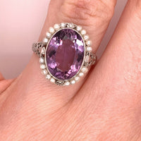 Art Deco 14k White Gold Filigree Amethyst Ring with Seed Pearls (#J4827)