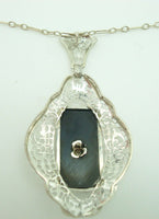 14K Gold Filigree Genuine Natural Onyx Pendant with Paperclip Chain (#J2199)