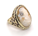 Genuine Natural Shell Cameo Ring with Bezel Diamond Accent Jewelry (#J5556)