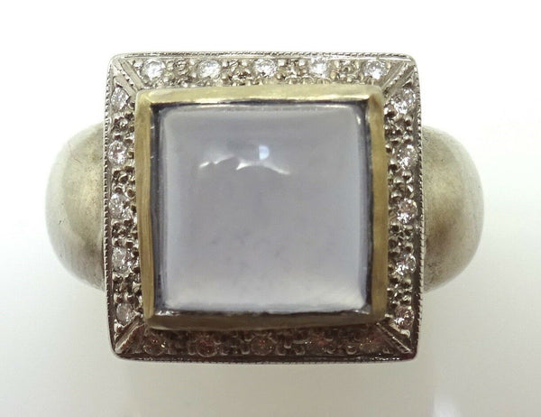 Modern 14k Gold Square Genuine Natural Chalcedony Ring with Diamonds (#J3603)