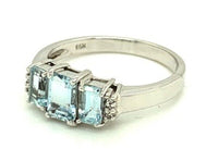 14k White Gold Three Stone Genuine Natural Aquamarine and Diamond Ring (#J279)