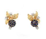 18k Gold Antique Genuine Natural Sapphire Diamond Blackberry Earrings (#J5433)