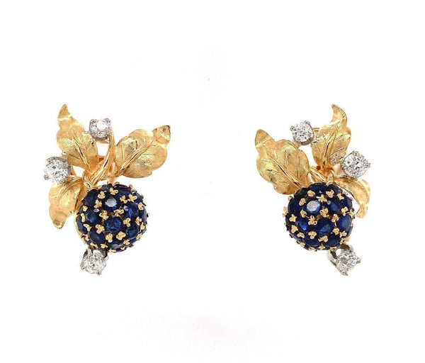 18k Gold Antique Genuine Natural Sapphire Diamond Blackberry Earrings (#J5433)