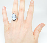 Art Deco 18k White Gold Genuine Natural Stone Cameo Filigree Ring (#J4307)