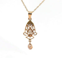 10k Yellow Gold Diamond and Pearl Lavaliere Pendant (#J4819)