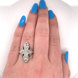 18k White Gold Art Deco Long Genuine Natural Diamond Filigree Ring (#J5584)