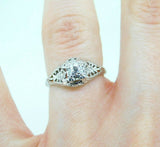 Art Deco 18k White Gold Genuine Natural Diamond Filigree Ring .36ct (#J865)