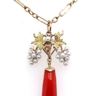 14k Yellow Gold Coral and Pearl Grape Victorian Pendant (#J5598)