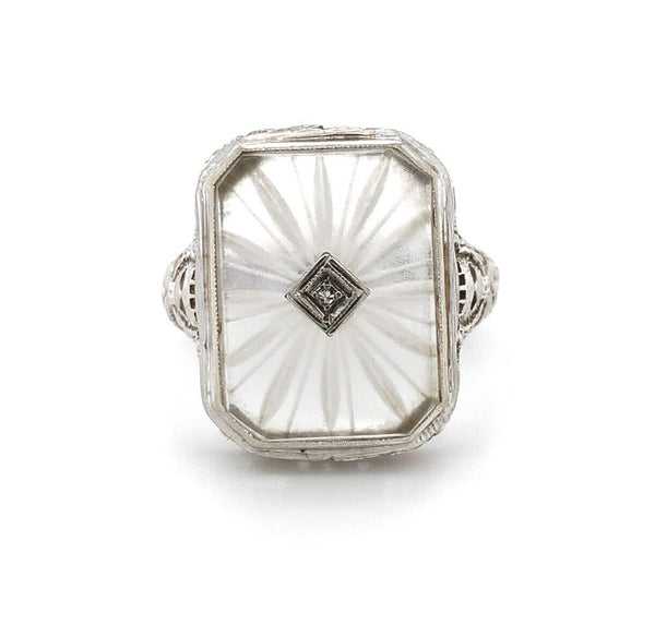 14k White Gold Genuine Natural Rock Crystal Quartz Filigree Ring Jewelry #J5931