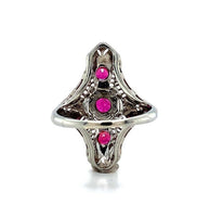 18k White Gold Art Deco Long Filigree Genuine Natural Ruby Ring (#J5651)