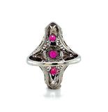 18k White Gold Art Deco Long Filigree Genuine Natural Ruby Ring (#J5651)