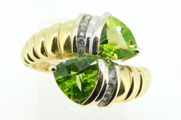 14k Gold Trillion Cut Genuine Natural Peridot and Diamond Bypass Ring (#J4241)