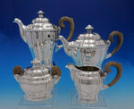 German .800 Silver Arts and Crafts Tea Set 4pc Hammered w/Wood Beaded Edge #4551